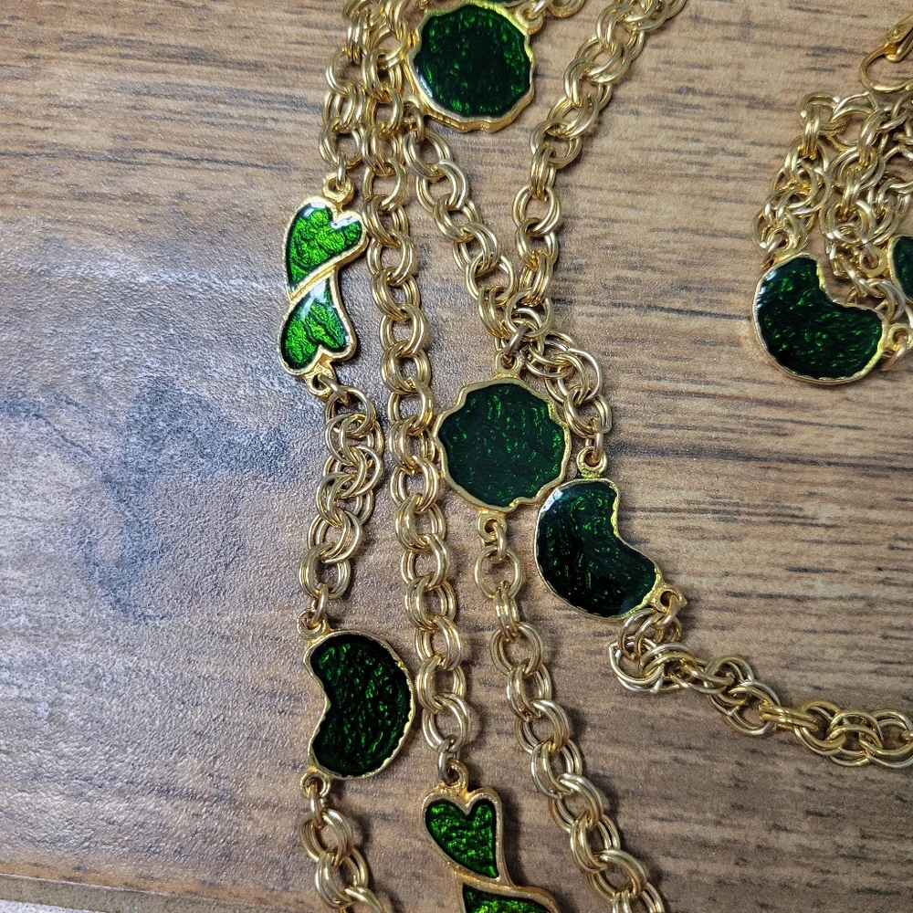 vintage green and gold necklace with matching earrings set
